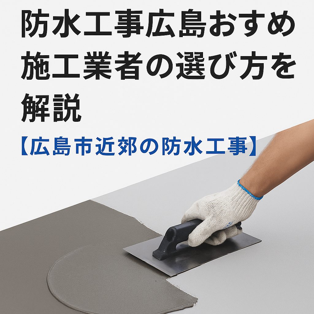 広島市近郊での防水工事・雨漏り修理を案内する広告画像。青いコーキングガンと水漏れ跡のある白い壁が写っており、広島のおすすめ防水業者による施工